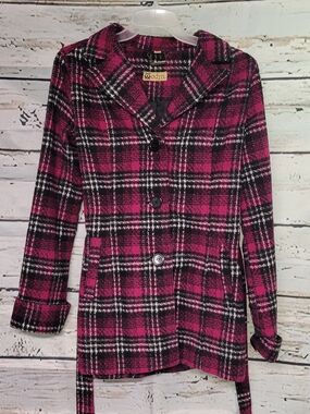 Odyn Pink Plaid Belted Peacoat Jacket | Size MD